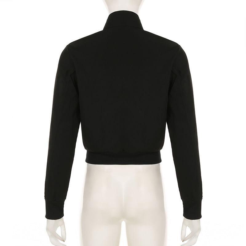 Stand Collar Plain Crop Zip Jacket Product Image