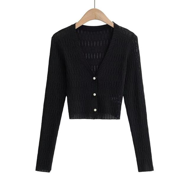 V-Neck Plain Shirred Faux Pearl Crop Button-Up Cardigan Product Image