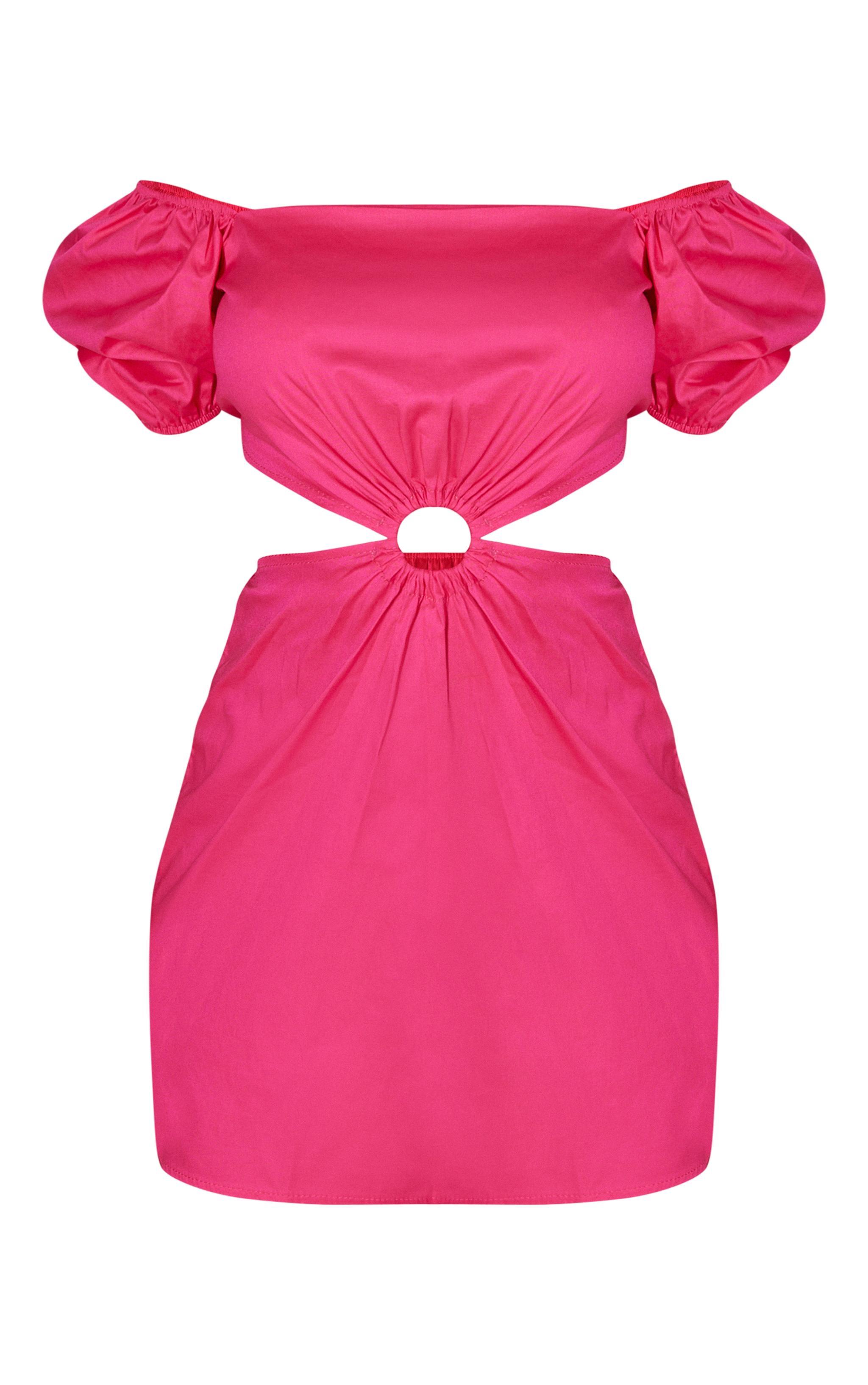 Hot Pink Satin Puff Sleeve Cut Out Shift Dress Product Image