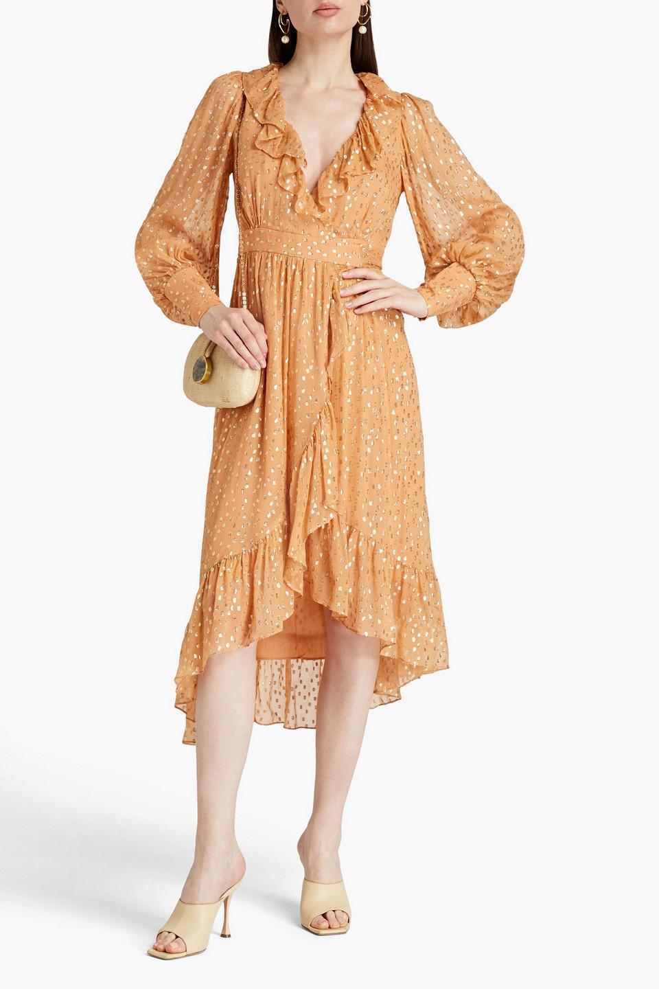 Metallic Chiffon Midi Wrap Dress In Orange Product Image