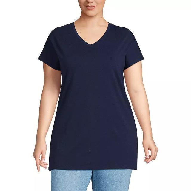 Plus Size Lands End Short Sleeve Jersey Extra Long V-Neck Tunic Top, Womens Deep Blue Product Image