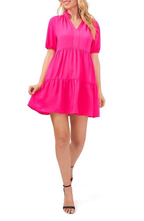 CeCe Ruffle Mock V-Neck Short Puffed Sleeve Tiered Mini Dress Product Image