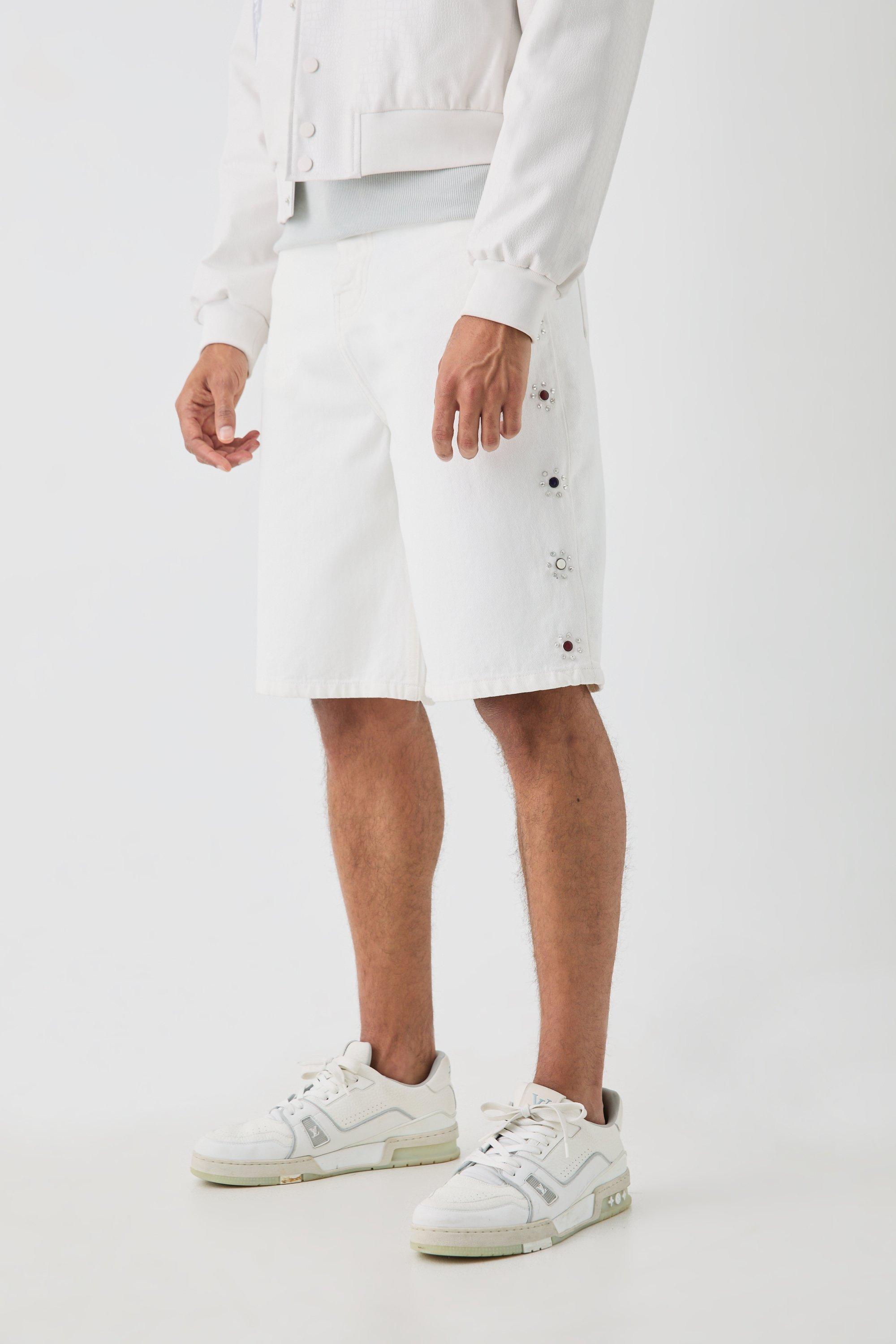 Regular Embellished Jorts with Woven Label | boohooMAN USA Product Image