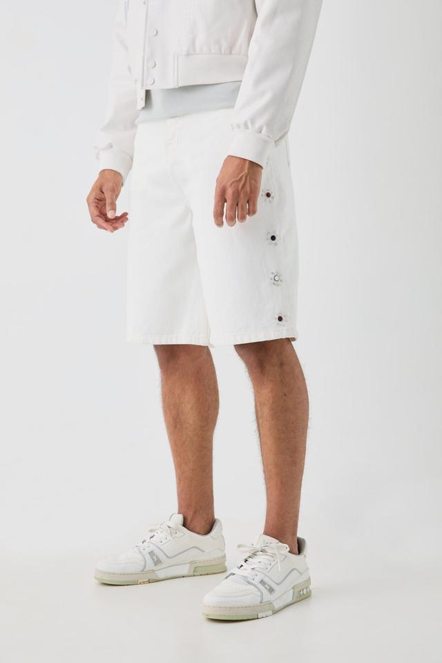 Regular Embellished Jorts with Woven Label | boohooMAN USA Product Image