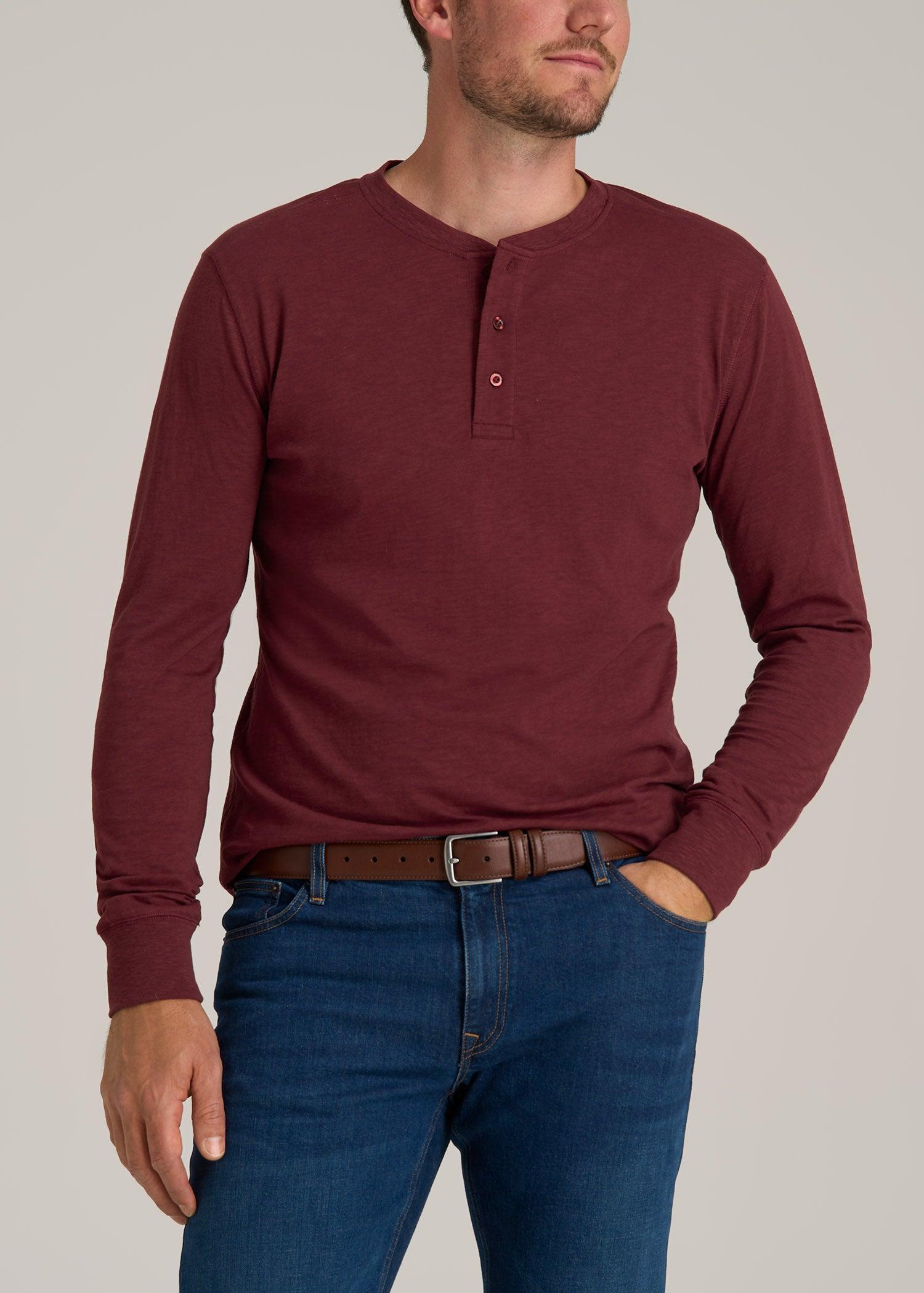 Men's Tall Three Button Long Sleeve Slub Henley in Red Ochre Male Product Image