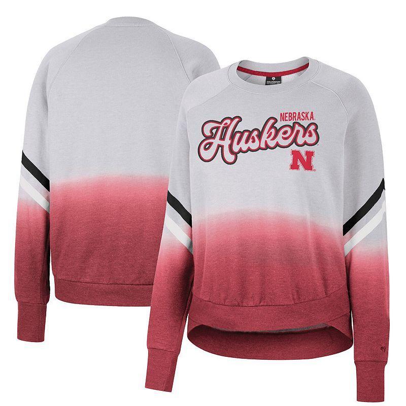 Womens Colosseum Gray Nebraska Huskers Cue Cards Dip-Dye Raglan Pullover Sweatshirt Product Image