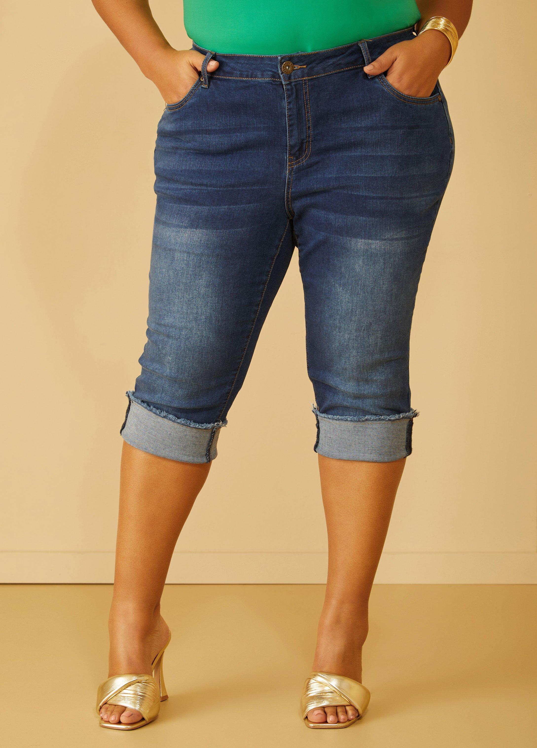 Plus Size Cuffed Stretch Denim Capris Ashley Stewart Product Image