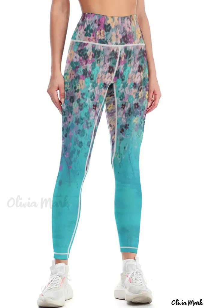 Olivia Mark – Abstract Floral Yoga Pants with Sky Blue Contrast Trim Product Image