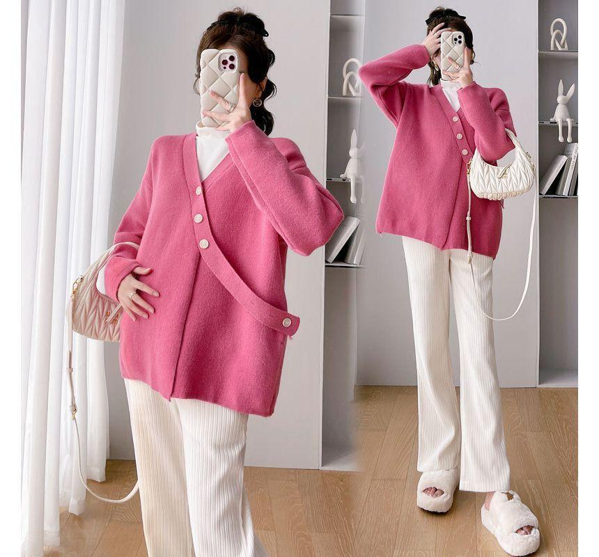 Maternity V-Neck Plain Button Sweater / Elastic Waist Plain Straight Leg Pants / Set Product Image