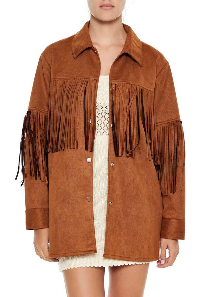 Faux Suede Fringe-Trim Shacket | Forever 21 Product Image