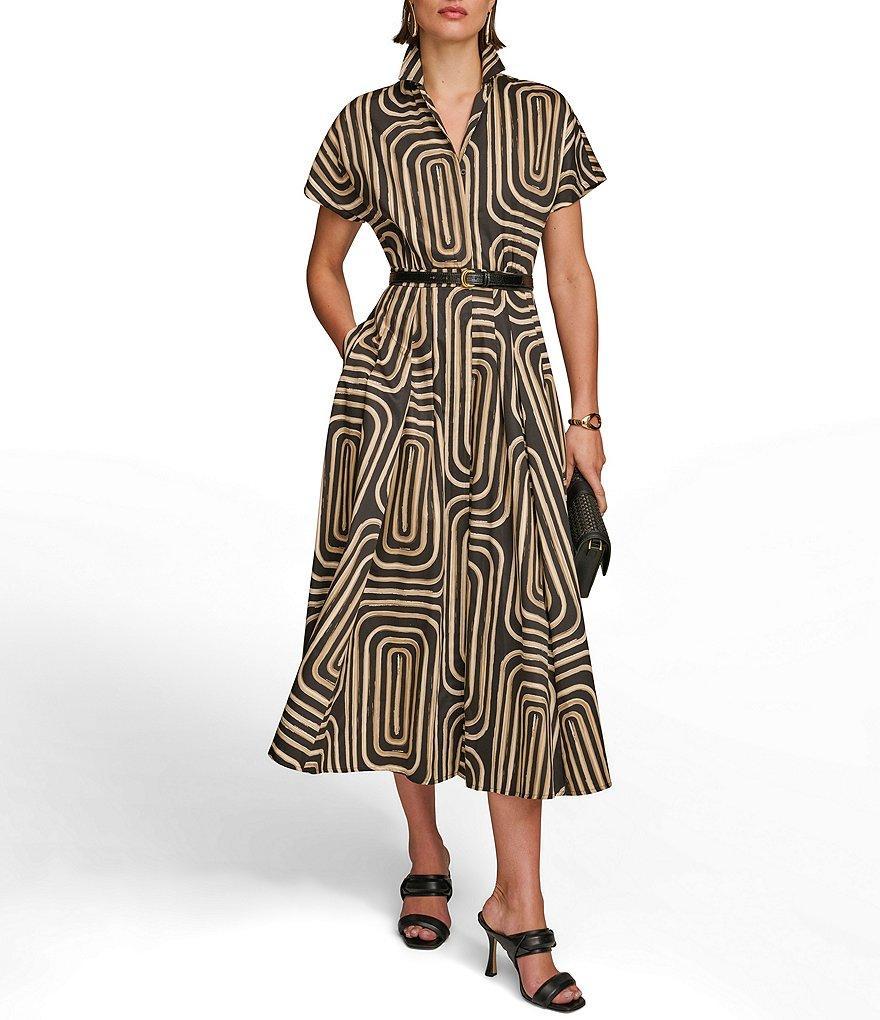 Donna Karan Abstract Print Collared Short Sleeve Midi Shirt Dress Product Image