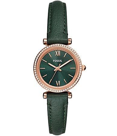 Fossil Womens Carlie Three-Hand Green LiteHide Leather Strap Watch Product Image