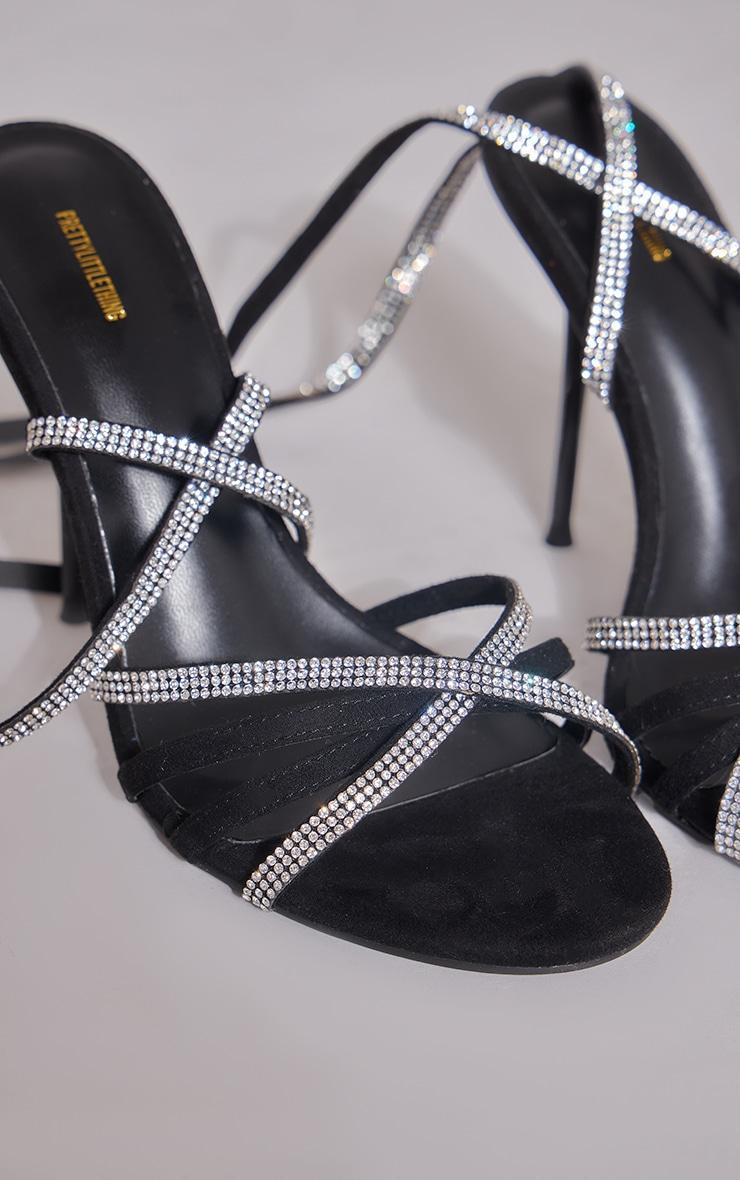 Black Round Toe Diamante Lace Up High Heeled Sandals Product Image