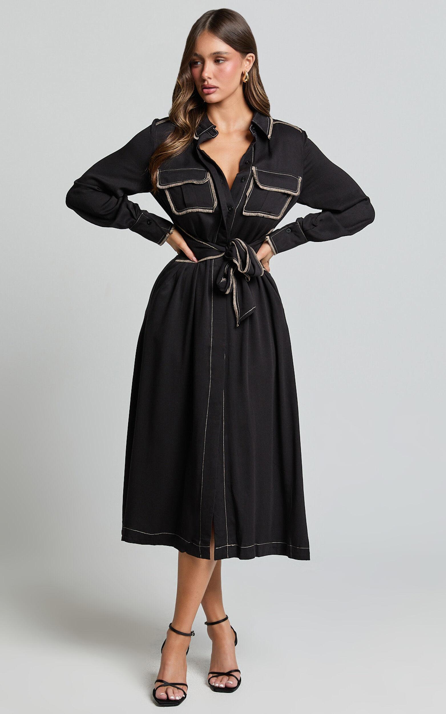 Ally Midi Dress - Collared Button Through Long Sleeve Tie Dress in Black Product Image