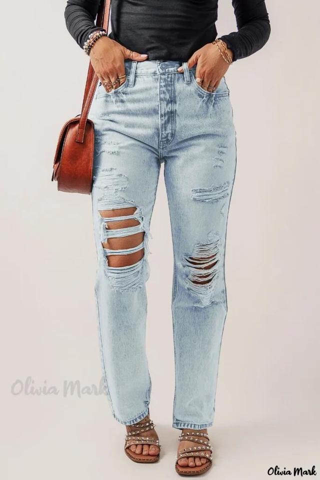 Olivia Mark – Refined Beau Blue Classic Acid Wash Distressed Straight Leg Jeans Product Image