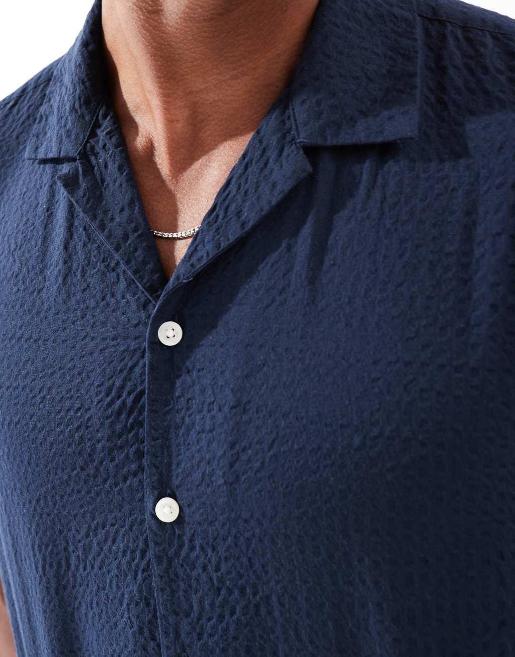 Jack & Jones seersucker shirt with revere collar in navy - part of a set Product Image