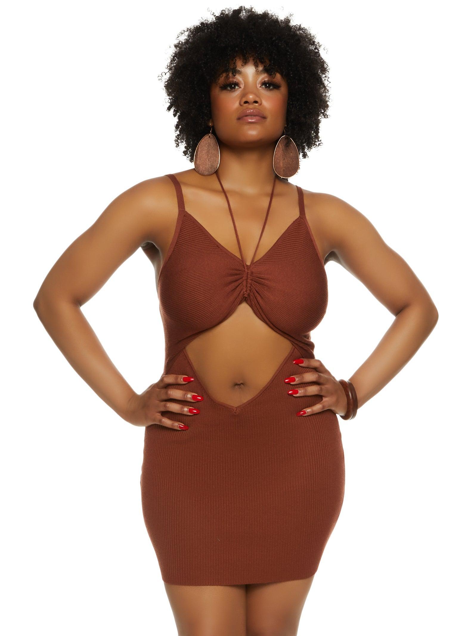 Womens Plus Size Rib Knit Ruched Cut Out Front Mini Dress Product Image