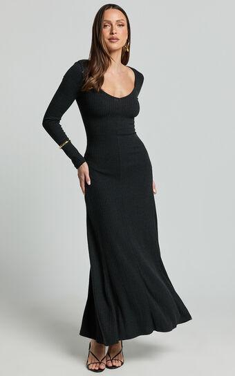 Lydia Midi Dress - V Neck Long Sleeve Knitted Dress in Black Product Image