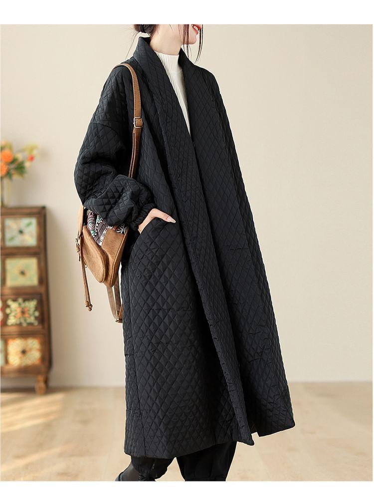 Plain Quilted Button-Up Long Coat Product Image