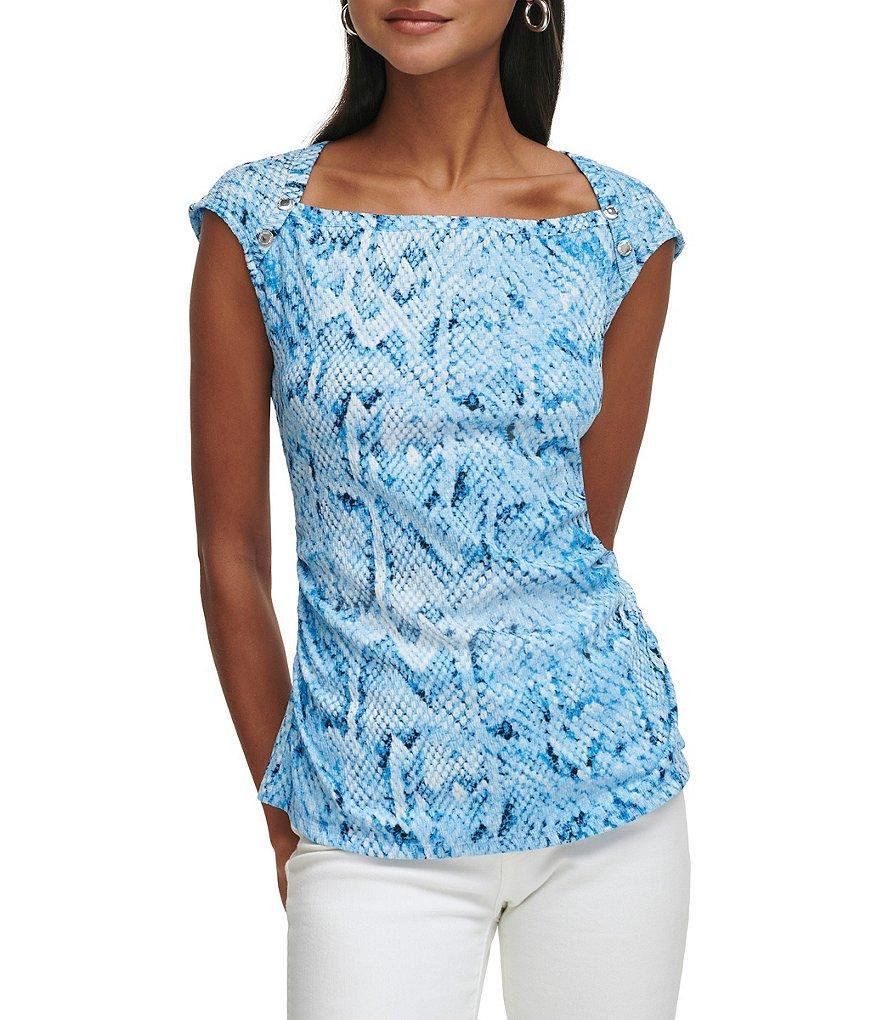 Calvin Klein Printed Square Neck Cap Sleeve Blouse Product Image