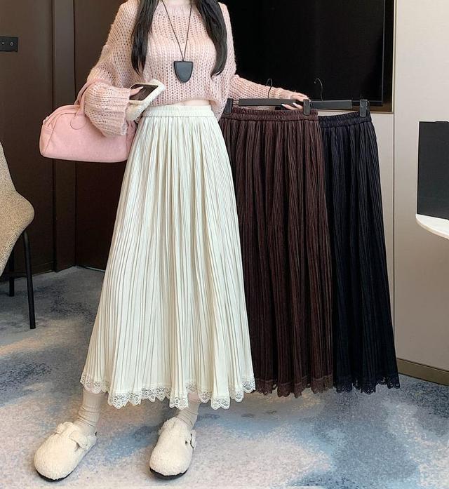 High Waist Plain Midi Pleated A-Line Skirt Product Image