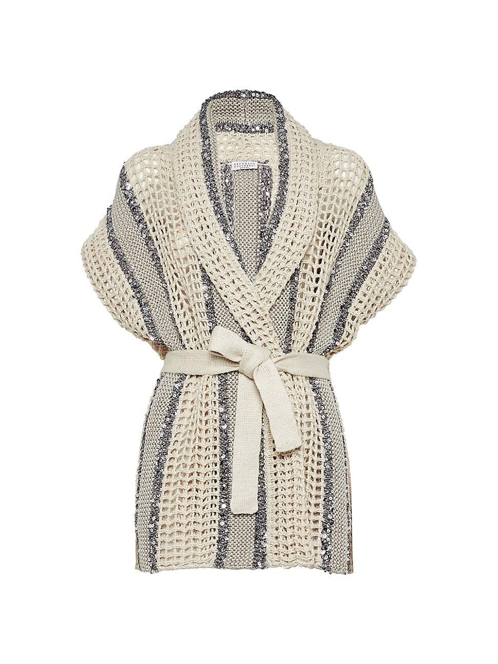 Womens Dazzling Stripe Net Knit Cardigan In Jute, Linen, Cotton And Silk With Belt Product Image