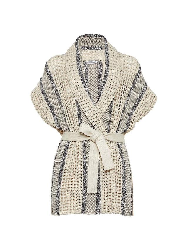 Womens Dazzling Stripe Net Knit Cardigan In Jute, Linen, Cotton And Silk With Belt Product Image