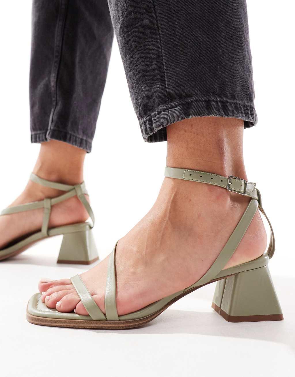 ASOS DESIGN Hibiscus asymmetric mid block heeled sandals in sage green Product Image