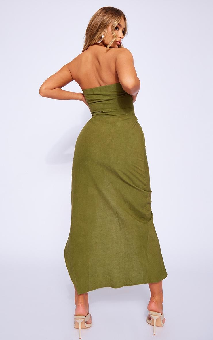 Khaki Linen Look Bandeau Pleated Ruched Midi Dress Product Image