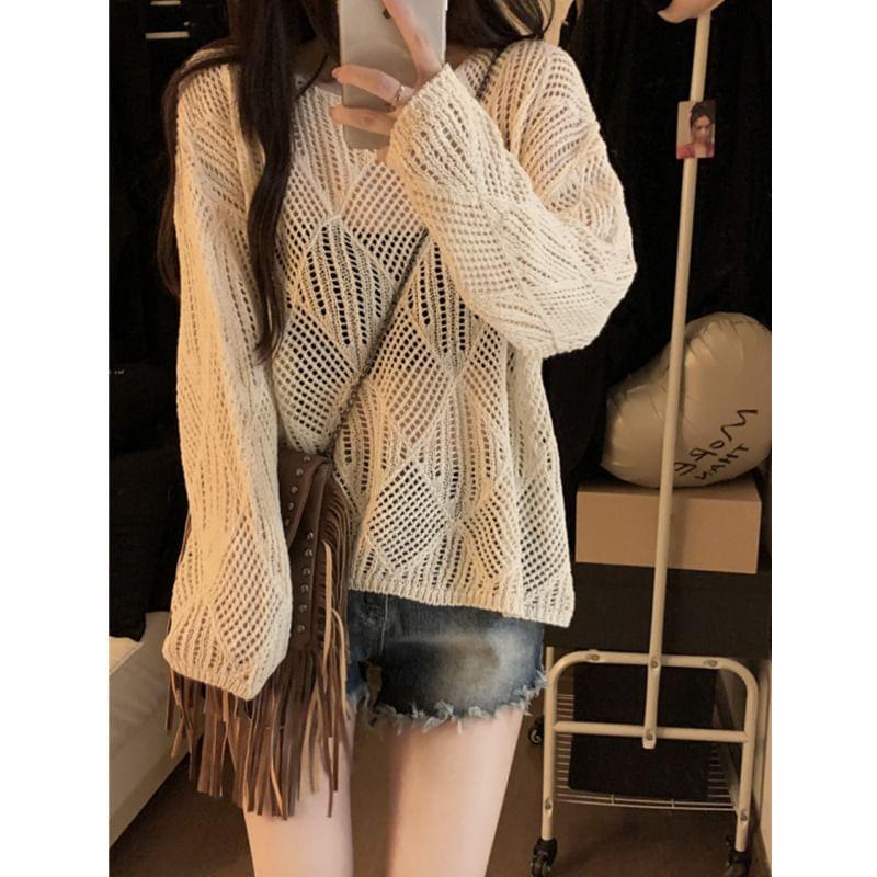 Long-Sleeve Round Neck Plain Pointelle Knit Top Product Image