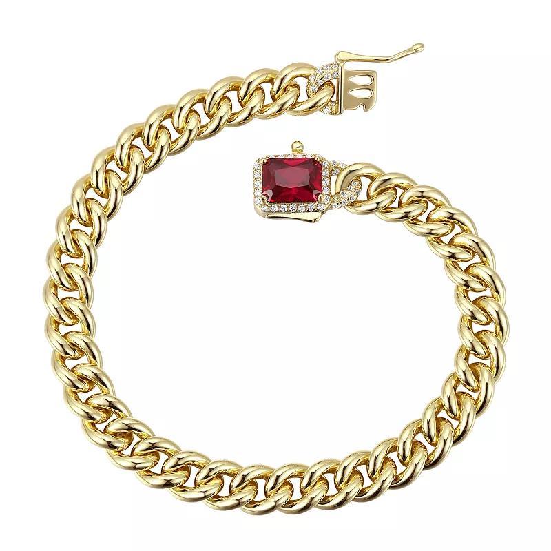 14k Gold Plated Cubic Zirconia Halo Cluster Curb Chain Bracelet, Womens Gold Tone Red Product Image