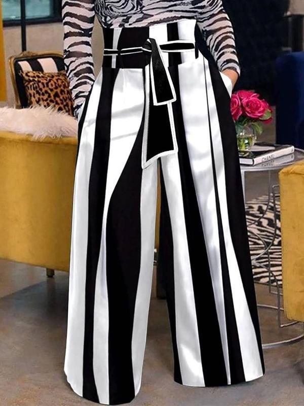 High Waisted Loose Striped Tied Waist Pants Trousers Product Image