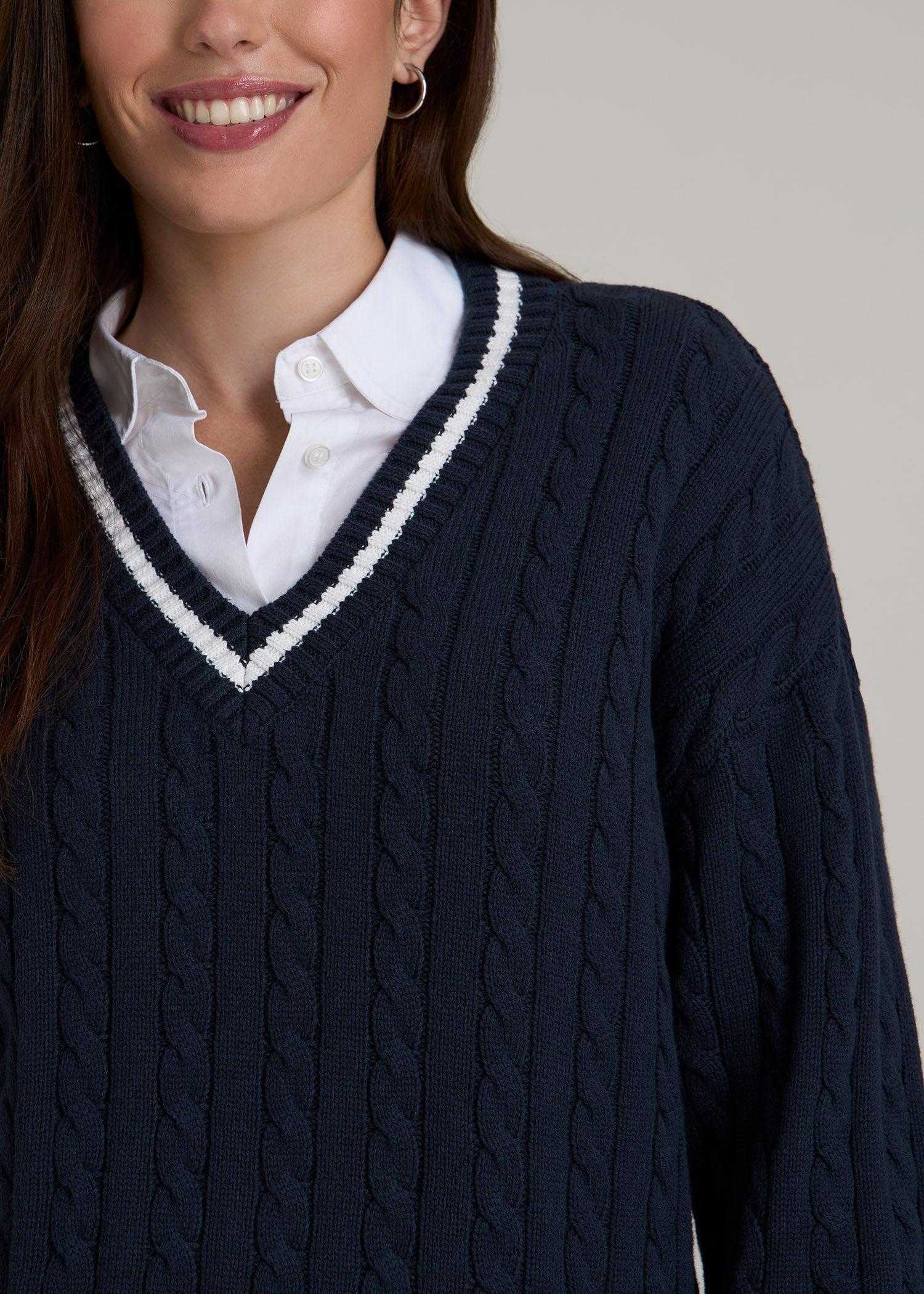 V-Neck Collegiate Sweater for Tall Women in Navy and Bright White Female Product Image