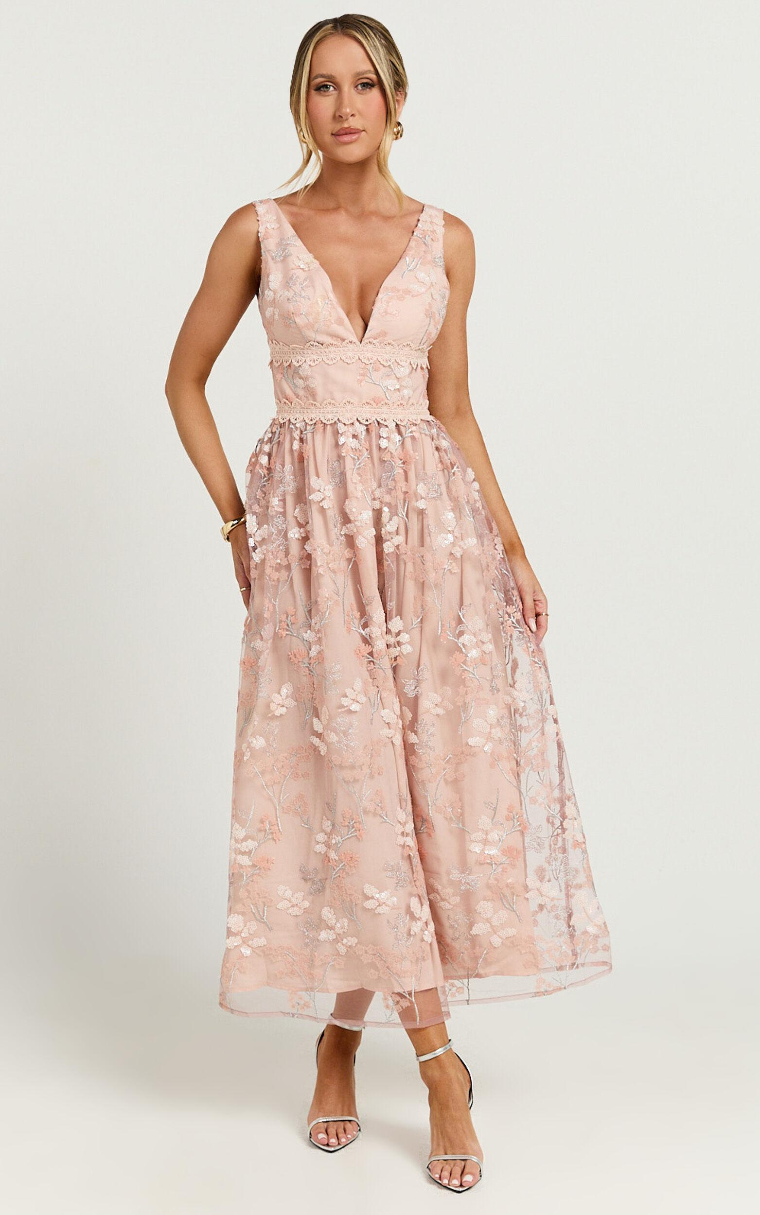 Seychelles Midi Dress - Plunge Embroidery 3d Floral Lace Dress in Light Pink Product Image