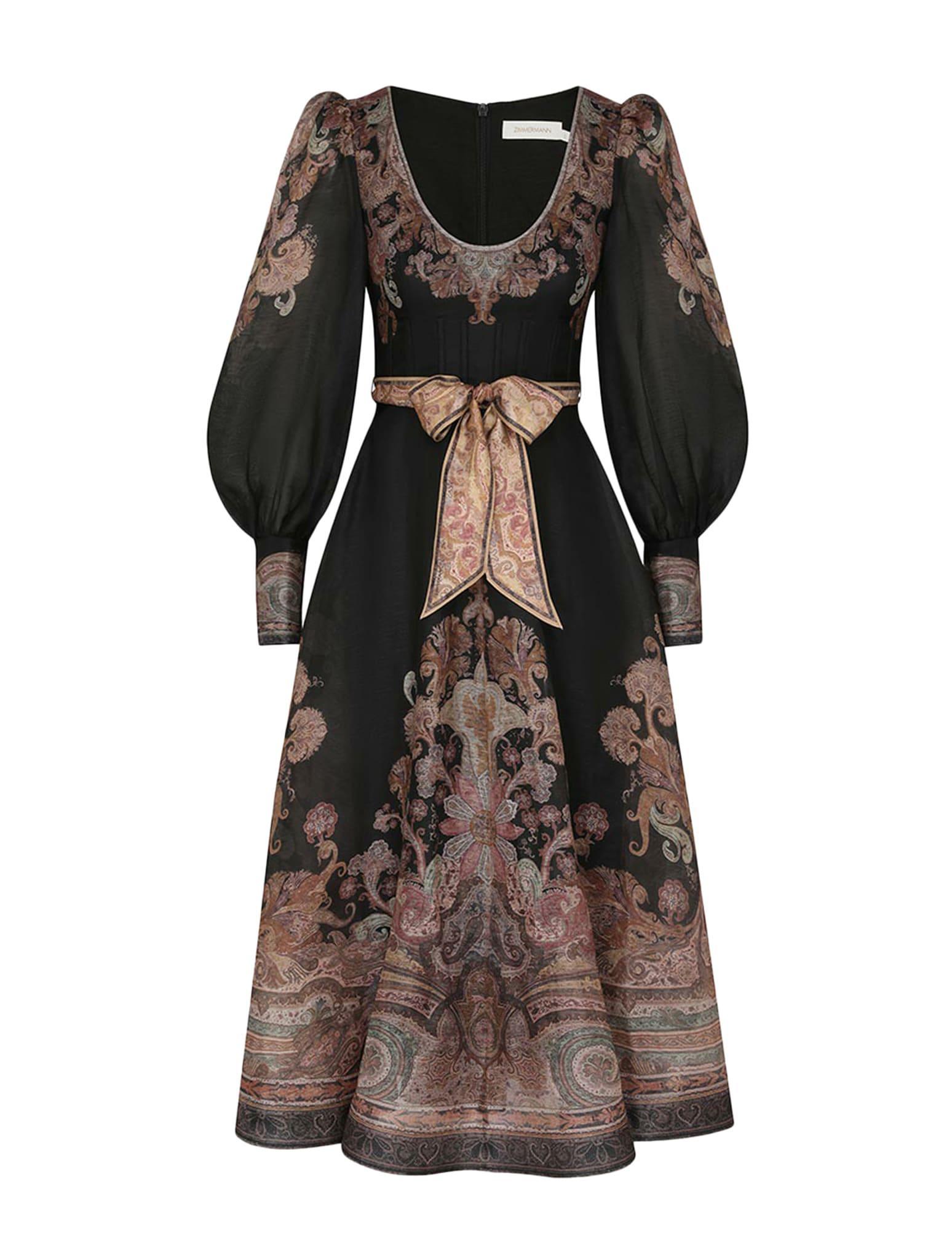 ZIMMERMANN Illustration Belted Printed Linen And Silk-blend Organza Midi Dress In Black Product Image