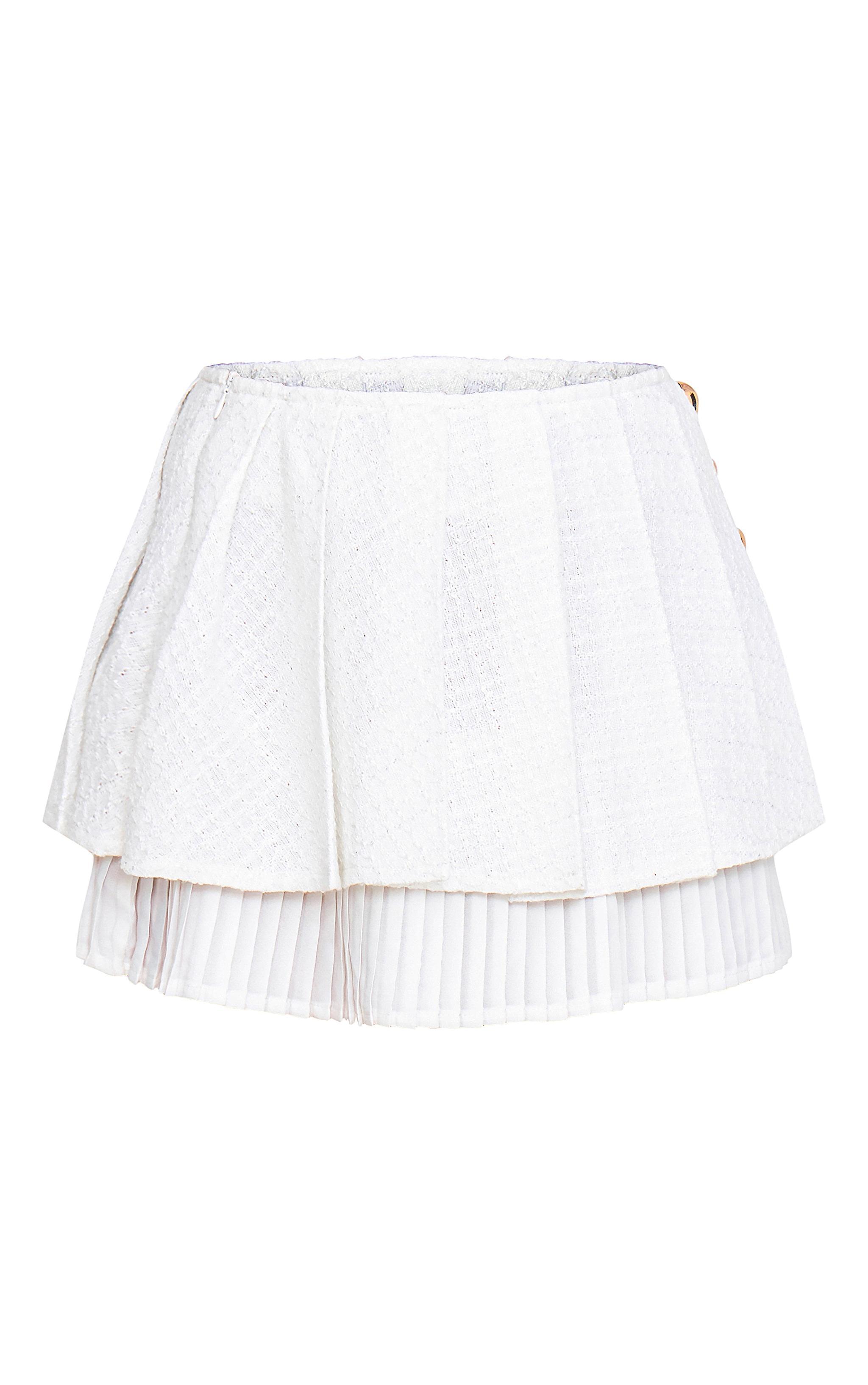 Cream Pleated Textured Boucle Mini Skirt Product Image