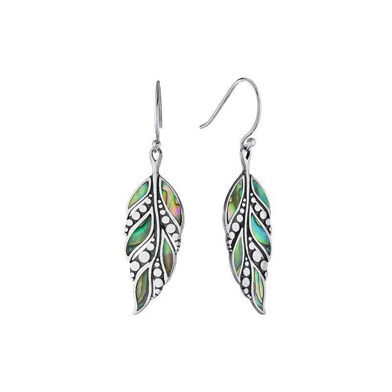 Athra NJ Inc Sterling Silver Abalone Dotted Feather Drop Earrings, Womens, White Product Image