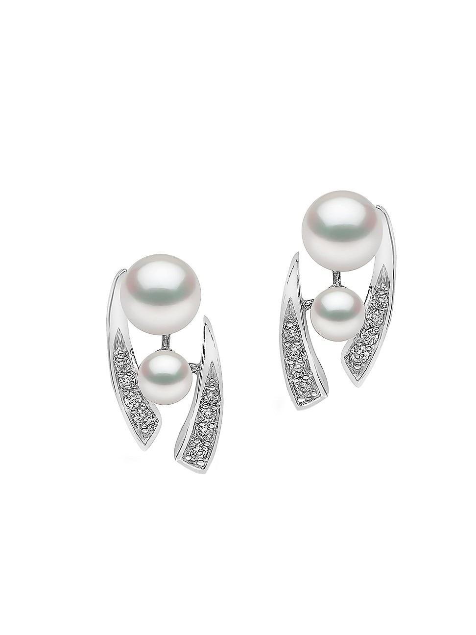 18K White Gold, Pearl & Diamond Stud Earrings Product Image