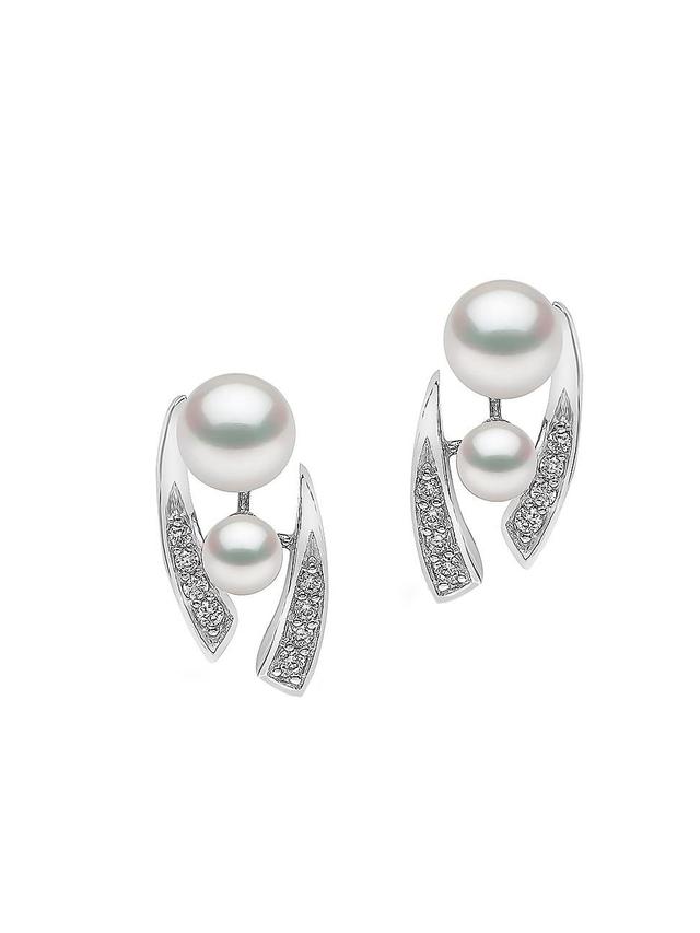 Womens 18K White Gold, Pearl & Diamond Stud Earrings Product Image