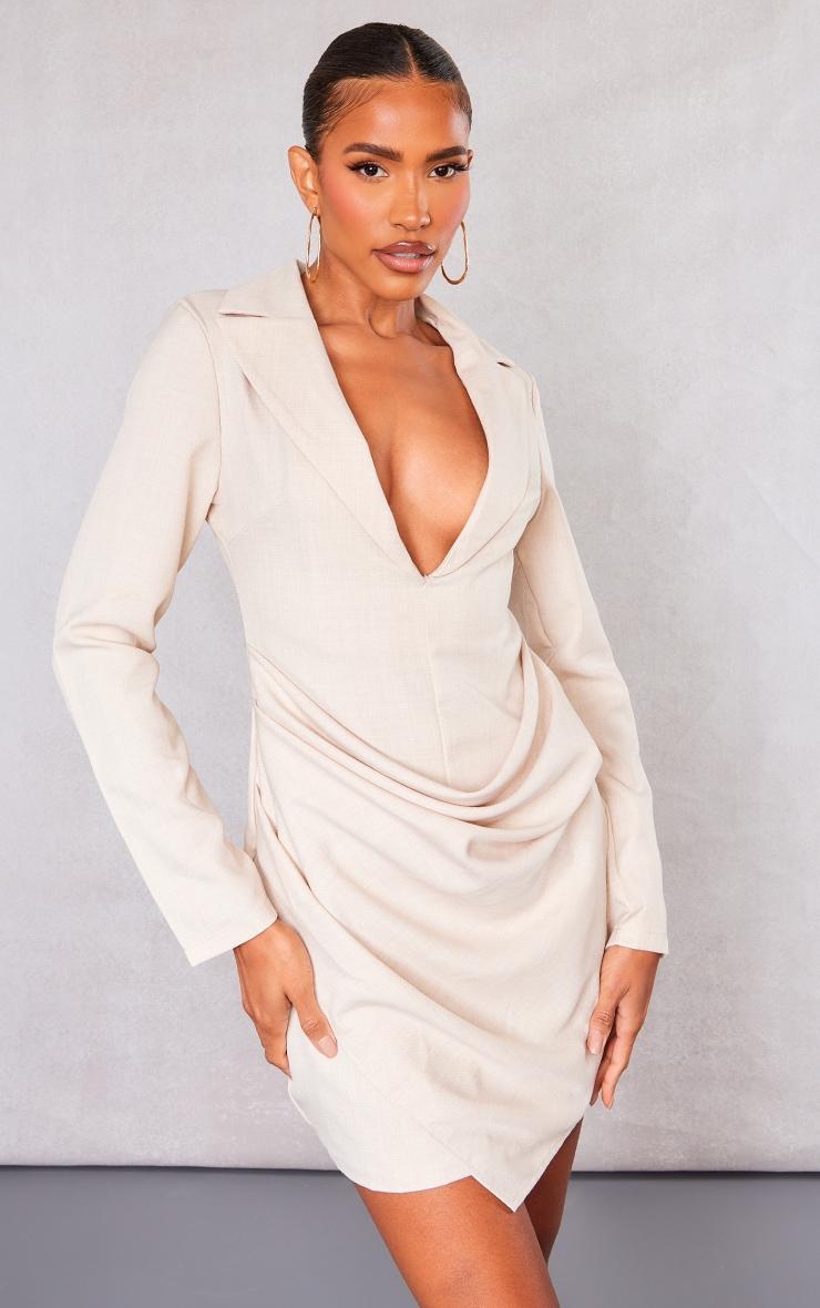 Stone Linen Look Drape Detail Blazer Dress Product Image