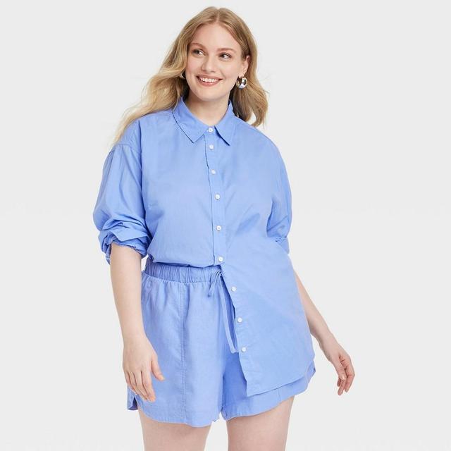 Womens Tunic Long Sleeve Collared Button-Down Shirt - Universal Thread Blue 1X Product Image