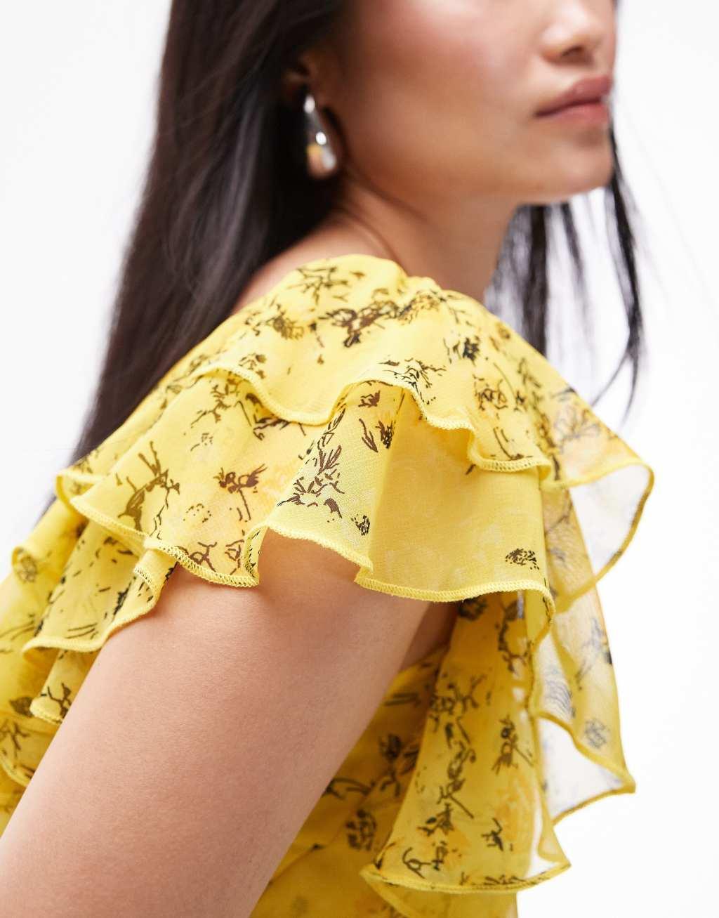 Topshop flutter sleeve mini tea dress in bright yellow print Product Image