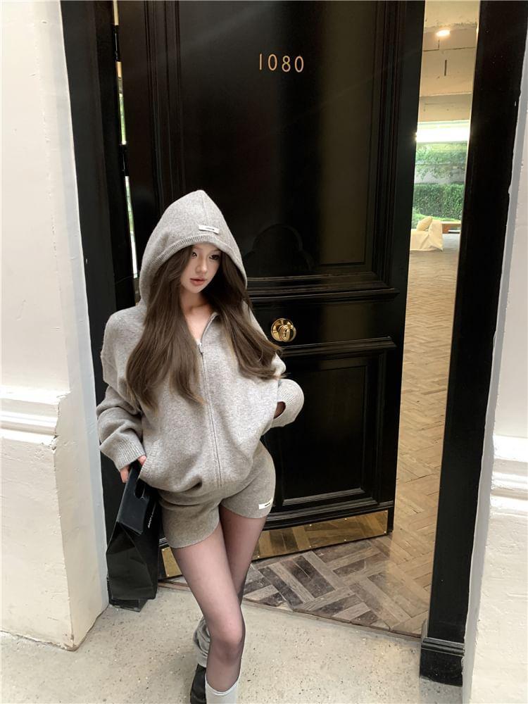 Set: Oversized Hooded Zipper Cardigan + Knit Shorts Product Image