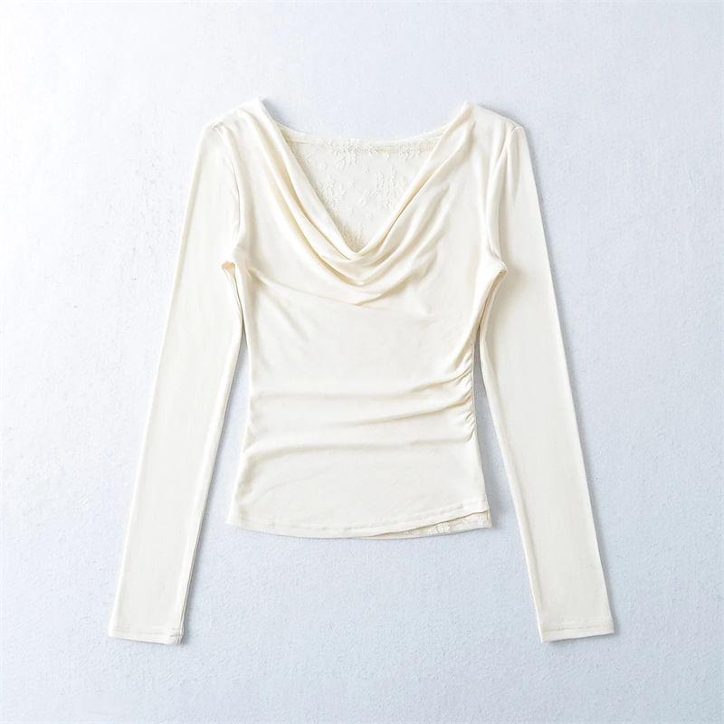 Long Sleeve Cowl Neck Plain Ruched Panel Lace Top Product Image