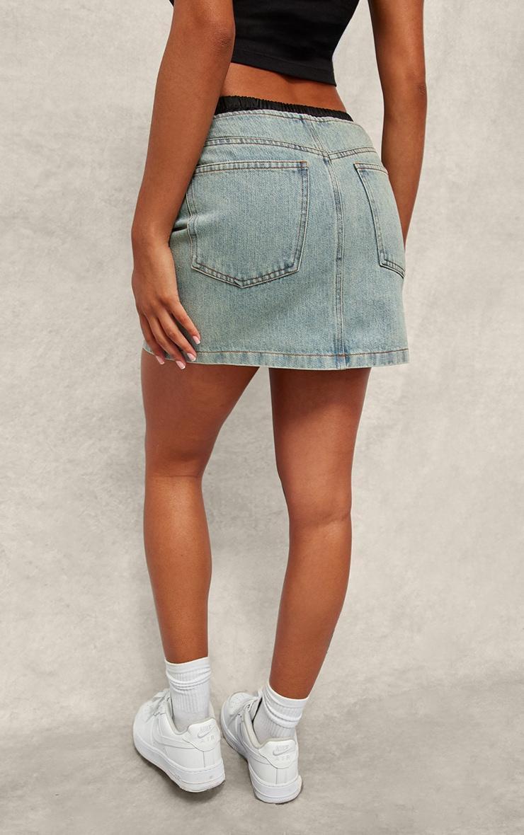 Contrast Satin Waistband Vintage Wash Denim Mini Skirt Product Image