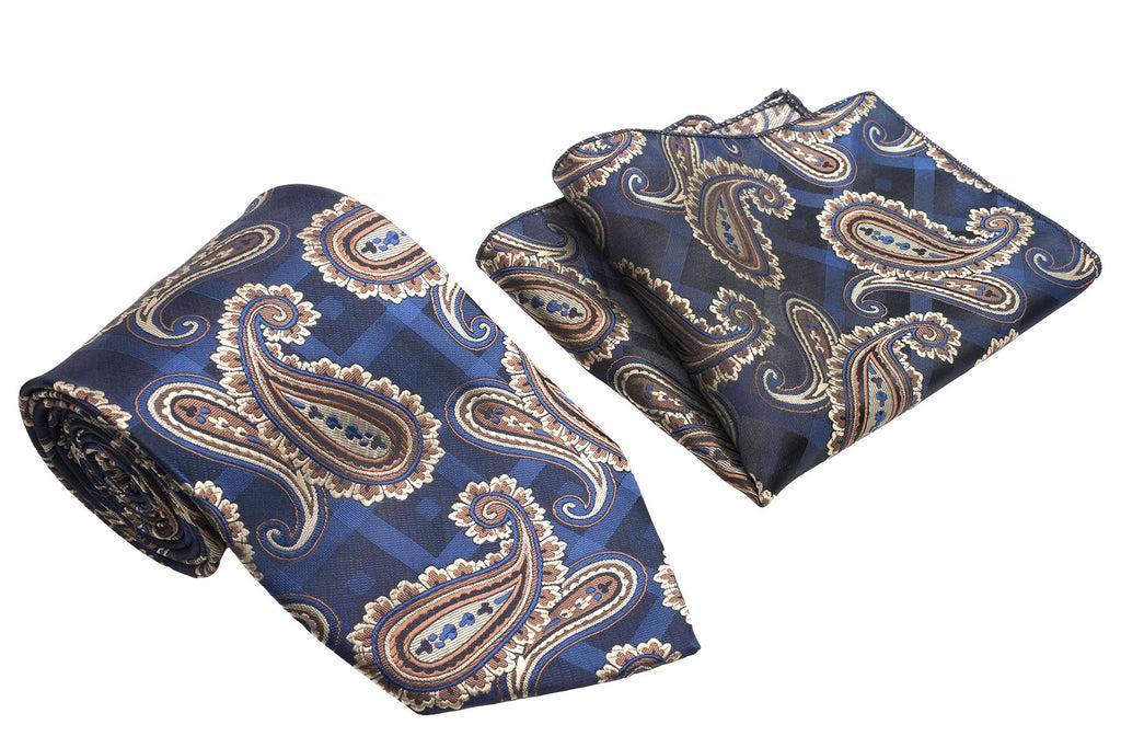 Navy Tone-on-tone Brown Paisley Pattern Men's Classic Tie and Pocket Square Set Product Image