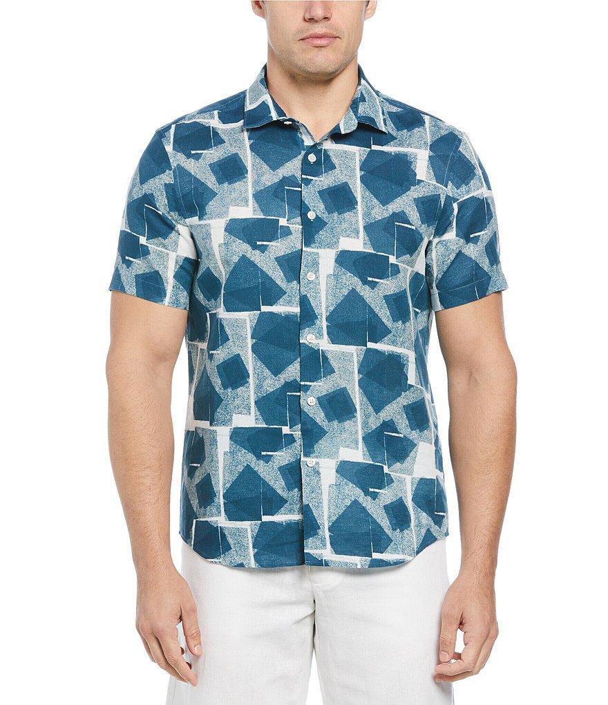 Perry Ellis Geometric Print Linen Blend Short Sleeve Woven Shirt Product Image