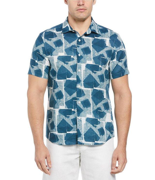 Perry Ellis Geometric Print Linen Blend Short Sleeve Woven Shirt Product Image