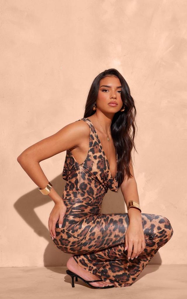 Brown Leopard Print Plisse Cowl Plunge Maxi Dress Product Image