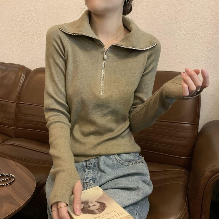 Long-Sleeve Stand Collar Plain Half-Zip Slim Fit Knit Top Product Image